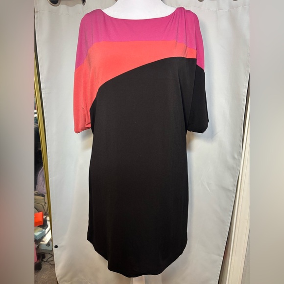 S.L. Fashions Colorblock Dress Size 18 Pink Coral Black Batwing Cocktail Dress - Picture 2 of 7